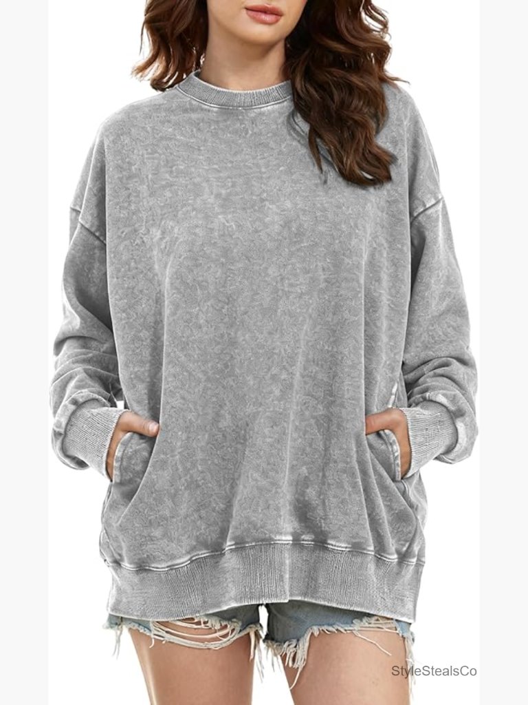 Oversized Vintage Acid Wash Crewneck Sweatshirt With Pockets Y2k